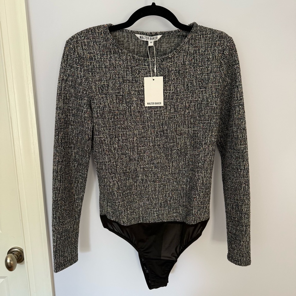 NWT Walter Baker Gray Skylar Tweed Long Sleeve Bodysuit Medium Corporate Chic